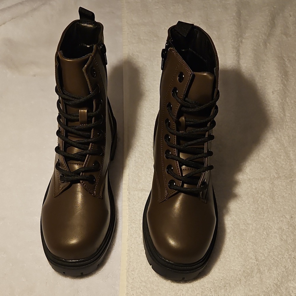 J.Adams Shoes Harley Dark Brown PU Combat Boots Lace Up Round Toe Women 10